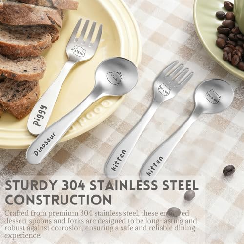 Stainless Steel Dessert Spoon and Fork Set - 2pcs Mini Utensils for Espresso, Ice Cream, Dessert, and More Available in Dinosaurs, Pandas, Rabbits, Cats, and Pigs (Dinosaurs) - color: Dinosaurs