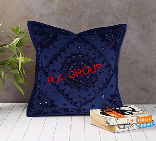 Indian Mirror Embroidered Decorative Sofa Throw Pillow Cushion Cover Boho Bohemia (Color : Blue Size -18 X 18) - color: Blue, size: 18" x 18" (Pack of 1)