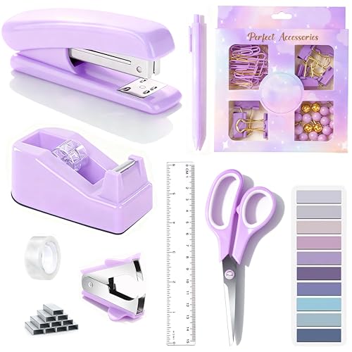 Dimonluce Purple Desk Accessories, Purple Office Supplies Accessories with Tape Dispenser, Stapler, Staple Remover, 1000 Staples, Tape, Clips Set, Ruler, Scissor, Pen - color: Purple