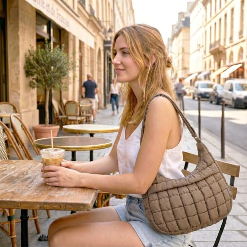 Puffer Crossbody Hobo Bag for Women Nylon Quilted Purse Lightweight Shoulder Handbag with Adjustable Strap - color: 06-dark Khaki