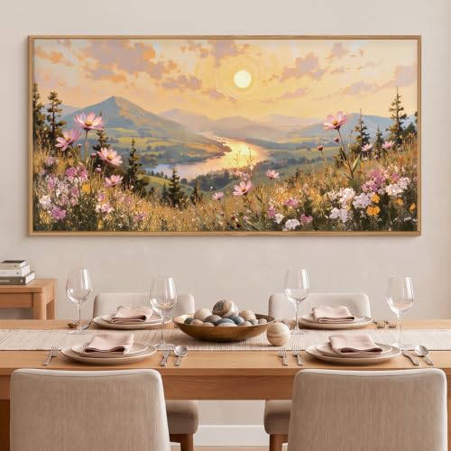 LHIUEM Large Boho Sunset Wildflower Framed Canvas Wall Art,Nature Pink Flower Wall Decor,Blossom Botanical Mountain Landscape Artwork for Living Room,Bedroom,Dining Room,Office-20 x40 x1 - color: Boho Sunset Wildflower Wall Art, size: 40"L x 20"W