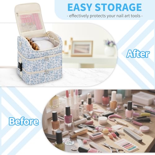 Extra Large Nail Polish Organizer - Three Layer Nail Organizers And Storage Bag, Portable Nail Supplies Organizer Case, Nail Tech Kit Travel Carrying Box with Shoulder Strap (Floral Blue, 86 Slots) - color: Floral Blue, size: 86 Slots