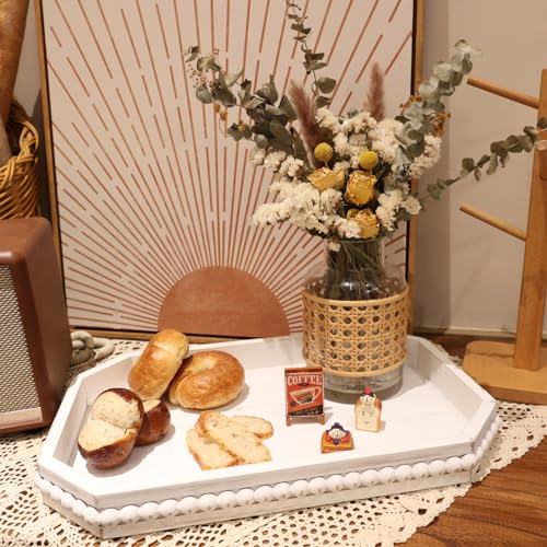 Hrastany Whitewashed Wood Serving Tray with Beads, Farmhouse Decorative Tray for Table Centerpiece, Christmas Wedding Halloween Home Decor - color: Whitewashed-c8, size: 15.7" x 10.2" x 1.6"