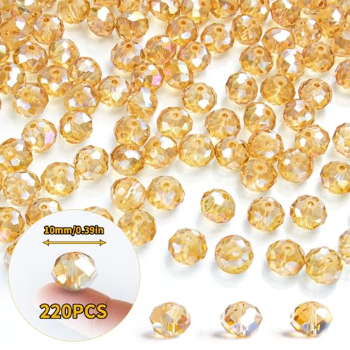 220Pcs 10mm Crystal Glass Beads for Jewelry Making Beads for Bracelets Necklace Pendants Making Supplies(Gold Champagne) - color: Golden champagne, size: 10mm 220pcs
