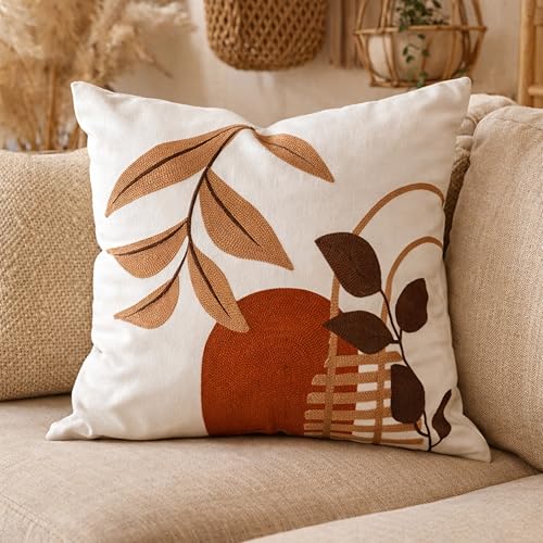 AYAY Decorative Velvet Throw Pillow Cover 18x18 Inch – Off White with Brown & Rust Embroidered Abstract Design, Warm Neutral Boho Accent Cushion, Hidden Zipper, Cover Only - color: Warm Neutral Brown and Rust