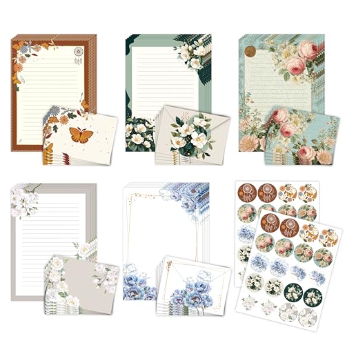 Vintage Rose Stationery Set, 5 Styles Letter Kit with 25 Envelopes, 25 Lined Paper, 2 Sheets Stickers (40pcs), Floral Stationery for Pen Pal, Invitations, 90 Pcs Total - style: Rose Set