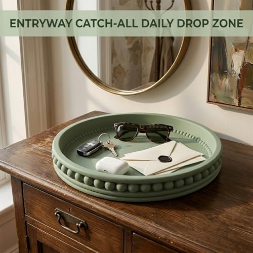 Round Solid Concrete Tray, Fluted Centerpiece for Coffee Table Decor 11" - color: Green