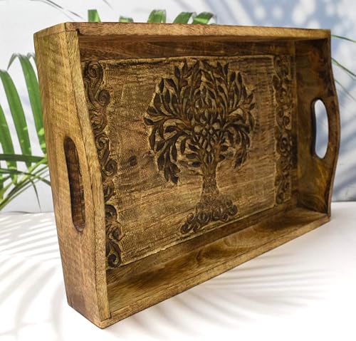 Wooden Serving Tray with Handles – 15 x 10 Inch Handcrafted Rectangular Tray for Snacks, Coffee, Tea, Dinner & Breakfast – Rustic Platter for Kitchen & Dining - color: Tree of Life - 15 X 10 Inch