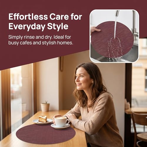 Round Imitation Bamboo PVC Placemats Set of 6,Countertop Protector - color: Burgundy
