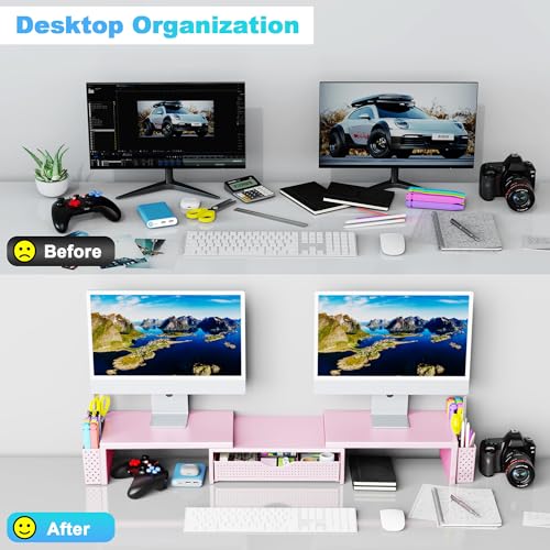 Spacrea Dual Monitor Stand Riser with Drawer and 2 Pen Holders - color: Pink