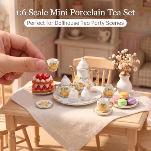 Miniature Tea Set 1/6 Scale Dollhouse Accessories Porcelain Yellow Rose - color: Yellow