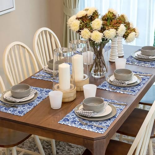 Blue and White Floral Placemat Set of 4, Chinoiserie Table Mats Washable Heat Resistant Linen Fabric Vintage Flower Place Mat for Kitchen Dining Table Home Decor - color: Blue White