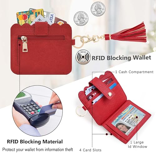 Wristlet Wallet for Women with Keychain – RFID Card Holder Small Wallet Wristlet with Key Ring - color: Red, style: Classic