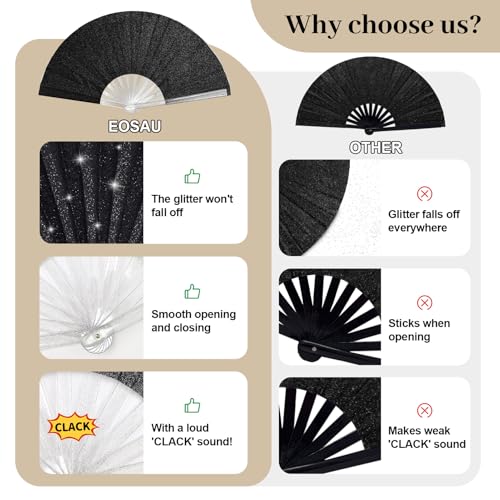 EOSAU 13" Glitter Folding Hand Fans Foldable Clacking Fans for Women Silver - color: 13" Black 04