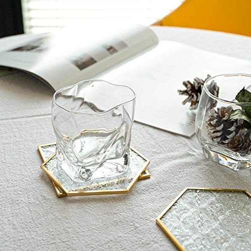 Glass Gold Coasters for Drinks, 6 Pcs Cup Coaster Set with Carved Glass Stylish for Coffee Tea Wine Coasters for Bar with Brass Edge Hexagon and Square Coasters Home Decor - color: Square and Hexagonal