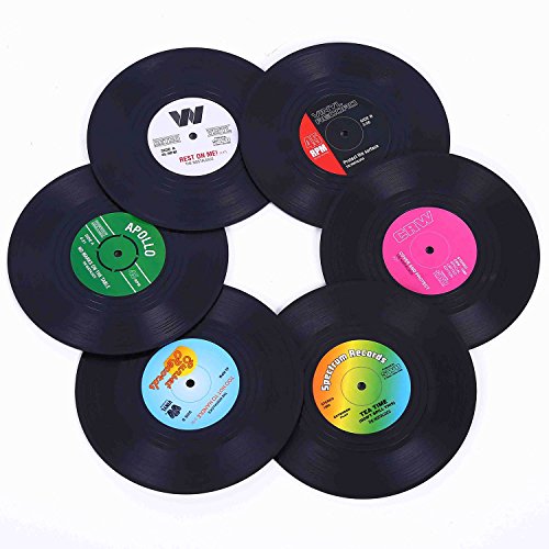 Coasters for Drinks with Gift Box - Set of 6 Colorful Retro Vinyl Record Disk Coasters with Funny Labels-Prevent Furniture from Dirty and Scratched-4.2 Inch - style: AK005