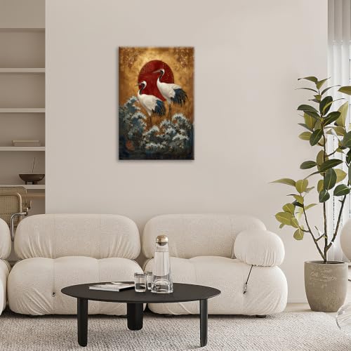 Japanese Crane Wall Art Gold Oriental Asian Wall Decor Sandhill Crane Canvas Pictures Paintings Prints Japan Traditional Aesthetic Artwork Framed Chinese Decorations For Bedroom Living Room Office Gifts 16" x 24" - color: Gold Crane, size: 24"L x 16"W
