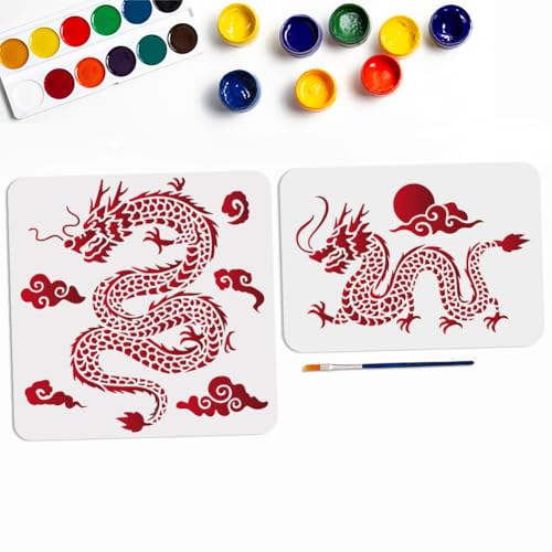 MAYJOYDIY 2 Styles Oriental Dragon Auspicious Clouds Stencil 11.8×11.8/11.7×8.3inch Large Chinese Dragon Sun Drawing Stencils with Paint Brush Asian Dragon Theme Template for Art Crafts Home Decors - color: Oriental Dragon