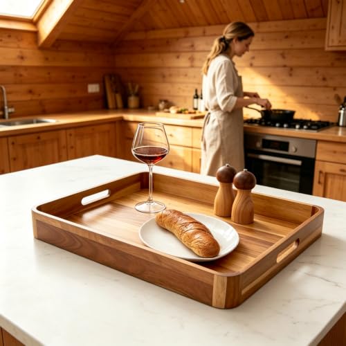 Wooden Serving Tray with Handles, Ottoman Tray for Kitchen Counter/Coffee Table/Living Room Decor,Versatile Tray for Party Rustic Wood ServingTray for Dinner/Breakfast/Snack Entertaining Guests