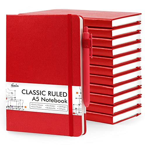 feela 12 Pack Notebooks Journals Bulk with 12 Black Pens, A5 Hardcover Notebook Classic Ruled Journal Set with Pen Holder for School Business Work Travel Writing, 120 GSM, 5.1”x8.3”, Red - color: 12 Pack red