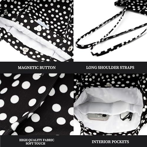 Corduroy Tote Bag Cute Tote Bags for Women Shoulder Bag with Inner Pocket for Work Beach Travel and Shopping Grocery - style: Black and White Dots