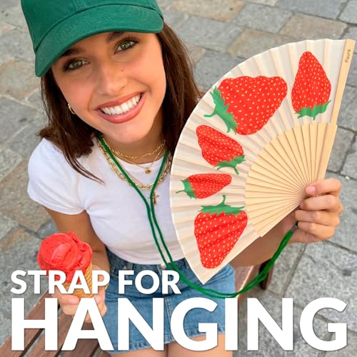 Fisura – Original Folding Fan with Strawberry Print. Colorful Wooden Folding Fan in red with Strap Included. Fun Gift idea for Travel Beach Days or Summer Events. 16.7 x 9 in. - color: Strawberries, Red