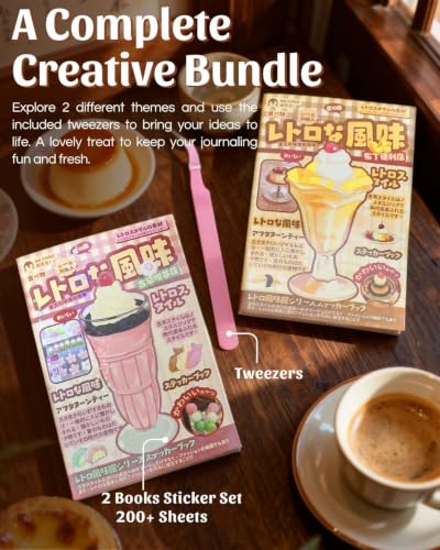 2 Books Kawaii Japanese Sticker Set with Tweezers, 200+ Sheets Holographic Retro Food Decals for Scrapbooking, Aesthetic Vintage Stickers for Journaling & DIY Crafts - color: Yellow & Pink Parfait