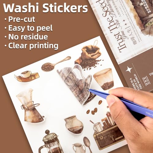 Coffee Themes Sticker Scrapbooking Supplies for Junk Journal, 50 Sheets Washi Stickers - Vintage Journaling Stickers, Ephemera Sticker Book Pre Cut(TZ-005-008) - color: Coffee Life