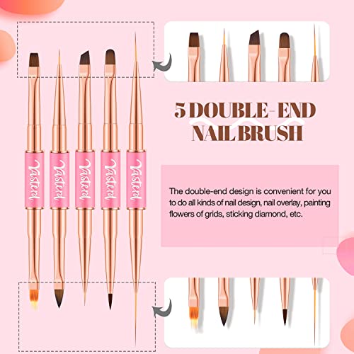 Yasterd Nail Art Brushes Set 5pcs Double-Ended Nail Brushes for Nail Art - color: Pink