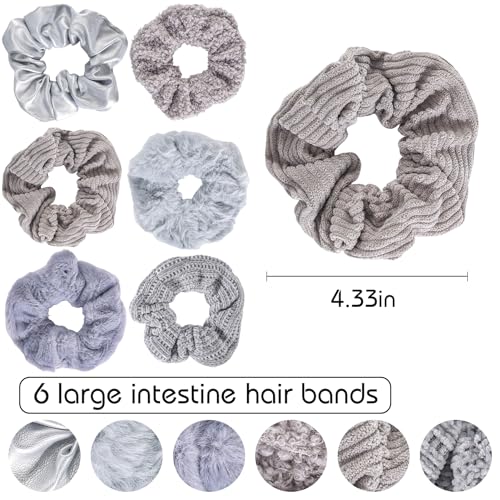 Scrunchies for Women Girls 6Pcs Grey Fuzzy Scrunchies for Thick Hair Ultra Textured Soft Corduroy Scrunchy Hair Ties Neutral Elastic Hair Bands Ponytail Holders Bulk Cute Hair Accessories - color: C-Grey 6PCS