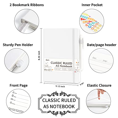 feela 12 Pack Notebooks Journals Bulk, Hardcover Notebook Classic Ruled Lined Journals with Pen Holder for Women Girls School Business Supplies, with 12 Black Pens, 120 GSM, 5.1”x8.3”, A5, White - color: 12 White