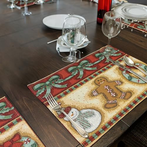 DaDa Bedding Gingerbread Snowman Sweets Placemats - Set of 4 Festive Christmas Wreath Holiday Tapestry - Cotton Linen Woven Dining Table Mats - 13” x 19” (12917) - color: Gingerbread