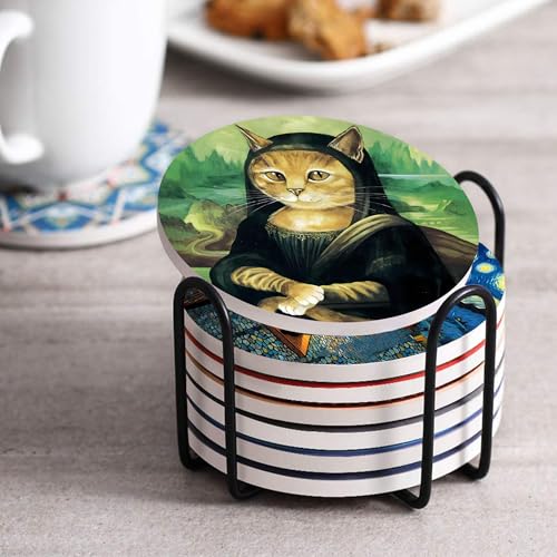 4inch Round Fun cat-Themed Marble Coaster with Storage Rack 8pcs - color: Cat Coasters