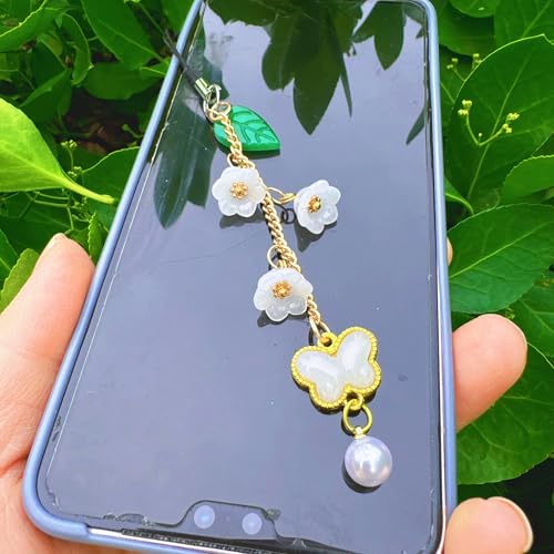 Phone Charms with Lily of the Valley & Butterfly Aesthetic Y2K Cell Phone Charms Strap Accessories for Bag Keychain Airpods Camera Pendants Decor for Women - color: White-Lily of the Valley