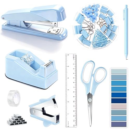 Dimonluce Blue Desk Accessories, Blue Office Supplies Accessories with Tape Dispenser, Stapler, Staple Remover, 1000 Staples, Tape, Clips Set, Ruler, Scissor, Pen - color: Blue