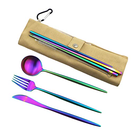 Luxury Rainbow Matte Portable 18/10 Stainless Steel Travel Flatware Sets of 7 Portable Camping Cutlery Set, Healthy & Eco-Friendly Flatware Set with Carrying Case for Travel or Camping - color: Rainbow, size: Khaki Pouch