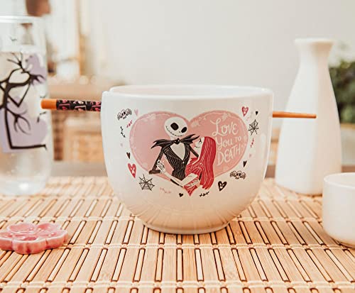 Disney The Nightmare Before Christmas Jack and Sally "Love You to Death" Japanese Ceramic Dinnerware Set | Includes 20-Ounce Ramen Noodle Bowl and Wooden Chopsticks - color: Jack and Sally Love