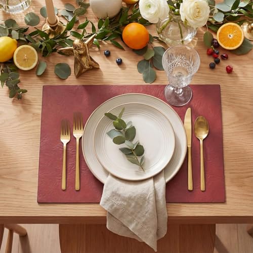 Artoid Mode Red Faux Leather Placemats Set of 6, 12x18 Inch Waterproof Wipeable Heat Resistant Vinyl Place Mats, Reversible Table Mats for Christmas Kitchen Dining Decor - color: Red, size: 12" x 18", Rectangular Set of 6