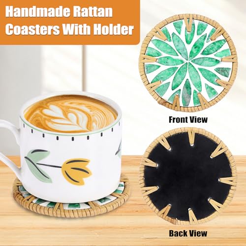 Boho Coastal Coasters Set of 6, Handmade Coasters with Holder, Green Leaf - style: Green Leaf