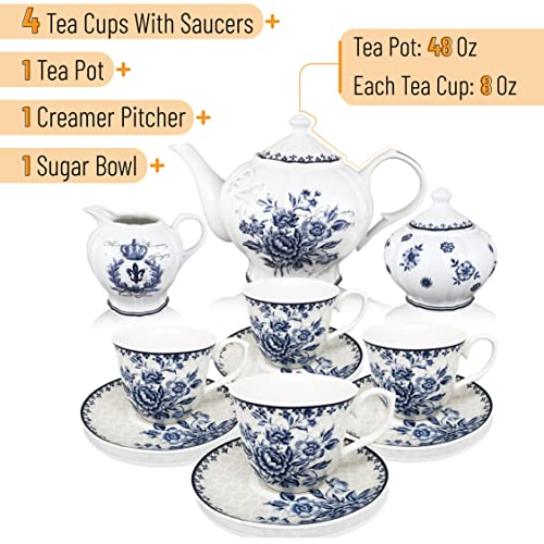 Brew To A Tea Blue Dream Tea Set, 48oz Teapot, 8oz Tea Cups, Saucers, Sugar Bowl, Creamer, Porcelain, Blue
