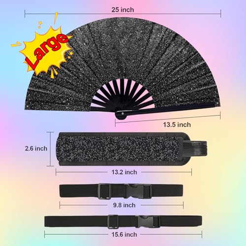 EOSAU Large Glitter Rave Fan Folding Hand Fans with Holster, Black - color: 13" Black Suit