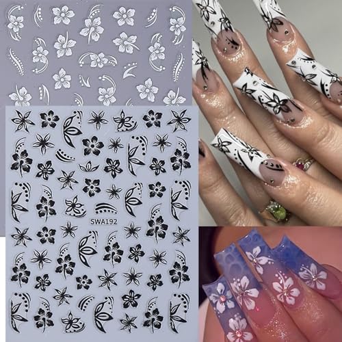 Flower Nail Stickers for Nail Art 12PCS Hibiscus Flowers Nail Decals 3D Self-Adhesive Tropical Nail Art Designs Pink Gold Petals Butterfly Sliders Summer Manicure Decoration DIY Supplies for Women - style: Hibiscus Flowers