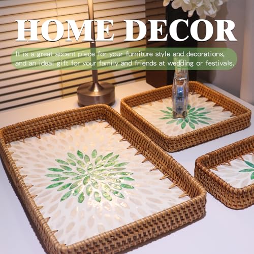 Rectangle Rattan Serving Tray with Mother of Pearl Inlay, Handmade Wicker Coffee Table Basket for Fruit Bread Food Tea Party Picnic Table Kitchen Home Boho Decor 3 Sizes (Green Flower) - color: Green Flower
