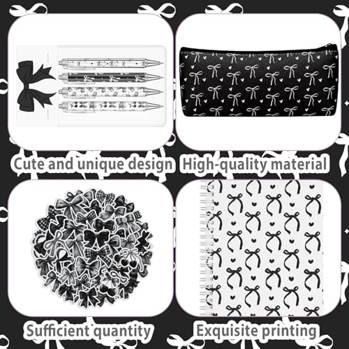 Sayglossy Black Bow Set Pen Spiral Notebook Journal Pencil Case Sticker - color: Black