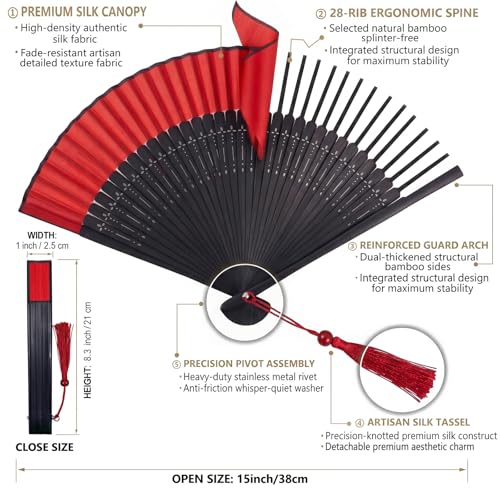 Japanese Folding Hand Fan for Women - Bamboo Silk Handheld Foldable Fan with Tassel & Pouch for Hot Flashes, Rave, Church, Gift,Wedding - Whisper-Quiet, Purse Size (Black-Red) - color: Black-red