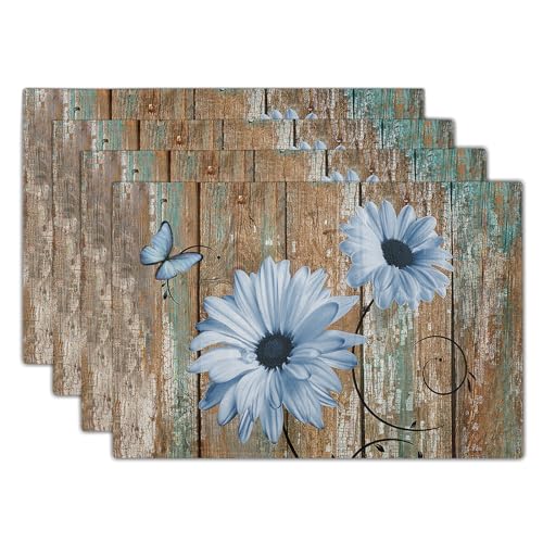 Giwawa Rustic Daisy Placemats Set of 4- Blue Sunflowers on Vintage Wood Board Linen Place Mat- Farmhouse Wooden Washable Heat Resistant Table Mats for Kitchen Dining Cabin Lodge Decor - color: Daisy Blue