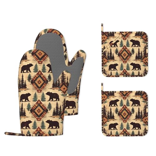 Tribal Bear Retro Geometric Silicone Oven Mitts and Pot Holders,Heat-Resistant 4 Piece Kitchen Set Non-Slip Oven Gloves and Hot Pads for Cooking, Baking, Grilling,BBQ - color: Tribal Bear Retro Geometric