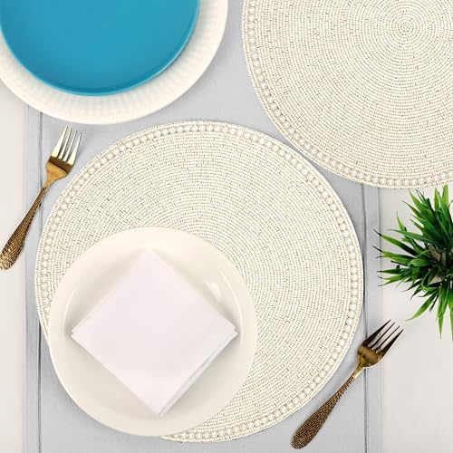Round Beaded Placemats - Handmade Beaded Table Mat Non-Slip Polyester Backing for Dining Table Decor, Kitchen, Parties, Family Meals Pack of 2 (Ivory) - ALPHA Living HOME - color: Ivory, size: Set of 2