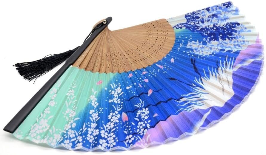 Folding Hand Fan for Women - Foldable Chinese Japanese Vintage Bamboo Silk Fan - with Tassel and Pouch, Perfect for Decoration, Dance, Wedding,Music Festival，Party and Gifting (Night) - color: Night