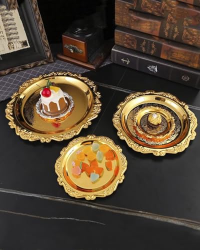 Round Decorative Tray 9.8in Metal Dessert Plates Vintage Coffee Table Tray for Snacks Fruit Gold - color: Gold, size: 9.8"